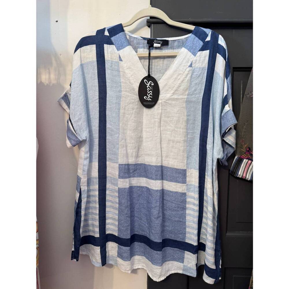 NEW EVERSASSY women's stripped pullover top in blue multi